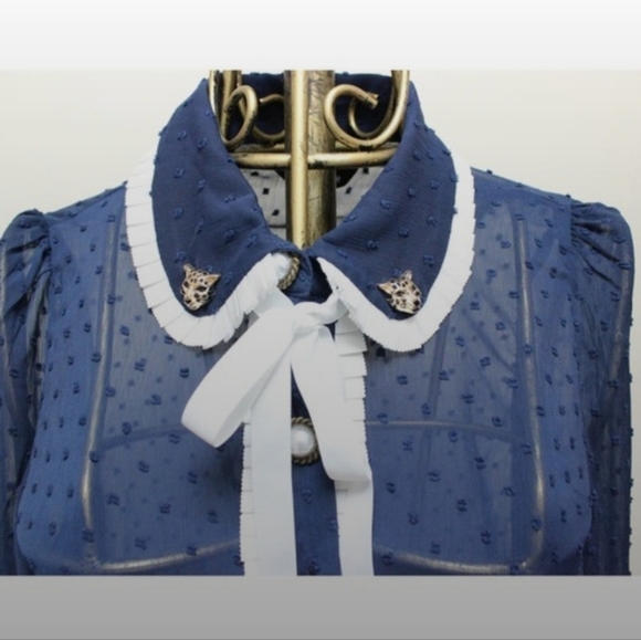 NEW Sister Jane Blue Swiss Polka Dot Bow Button Collared Blouse Shirt Medium - Picture 2 of 7